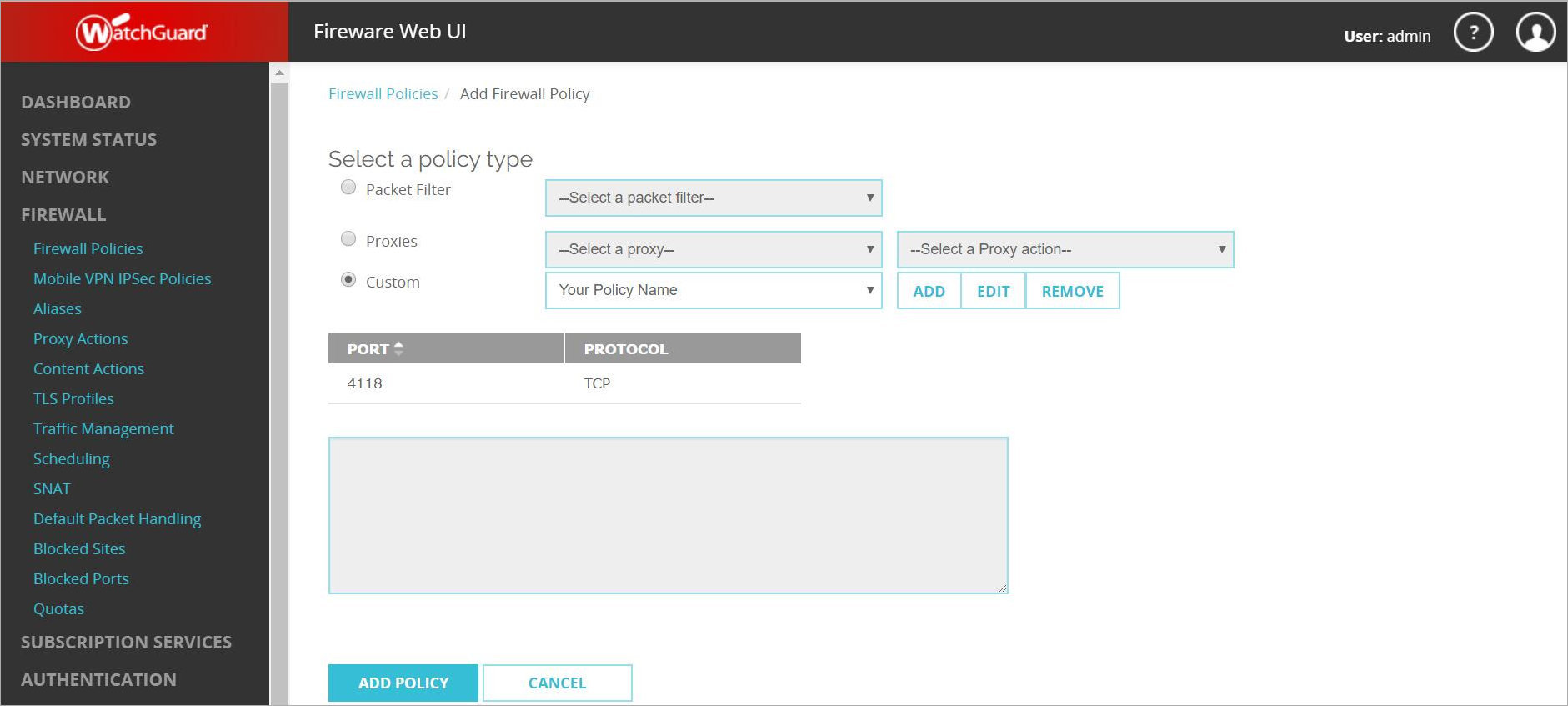 Screen shot of the Add Firewall Policy page